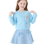 Disney Frozen Elsa Toddler Girl Outfits: Blue Long Sleeve Knit Top and Tweed Bowknot Skirt Set – Fall Winter Clothes for Birthday Party Holiday 4-5T