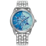 Citizen Women’s Eco-Drive Disney Princess Frozen Crystal Watch and Pin Gift Set in Silver Stainless Steel Watch, Blue Dial (Model: FE7091-61W)