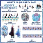 Frozen Birthday Party Supplies for Girls, Frozen Birthday Party Decorations Include Banner, Frozen Balloons, Hanging Swirls, Stickers, Cupcake Toppers, Tablecloth