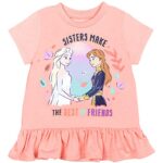 Disney Frozen Elsa Princess Anna Little Girls Peplum T-Shirt Leggings and Scrunchie 3 Piece Outfit Set Frozen, Light Pink 6-6X