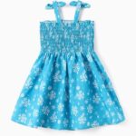 Disney Frozen Toddler Girl Dress Elsa Character Print Bow Strap Floral Summer Clothes Smocking Beach Holiday Sundress Sky Blue 3T