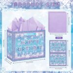 Large Frozen Birthday Gift Bag Blue Purple Snowflake Winter Party Bags with Greeting Card and Tissue Paper Winter Frozen Snowflake Snow Birthday Wrapping Paper Bags for Birthday Christmas Winter Decor