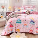 Wajade Kids Pink Princess Comforter Set Bed in A Bag Queen Size 7 Piece Princess Fairy Tales Castle Bedding Set for Girl (1 Comforter, 1 Flat Sheet, 1 Fitted Sheet, 2 Pillowcase and 2 Pillow Sham)